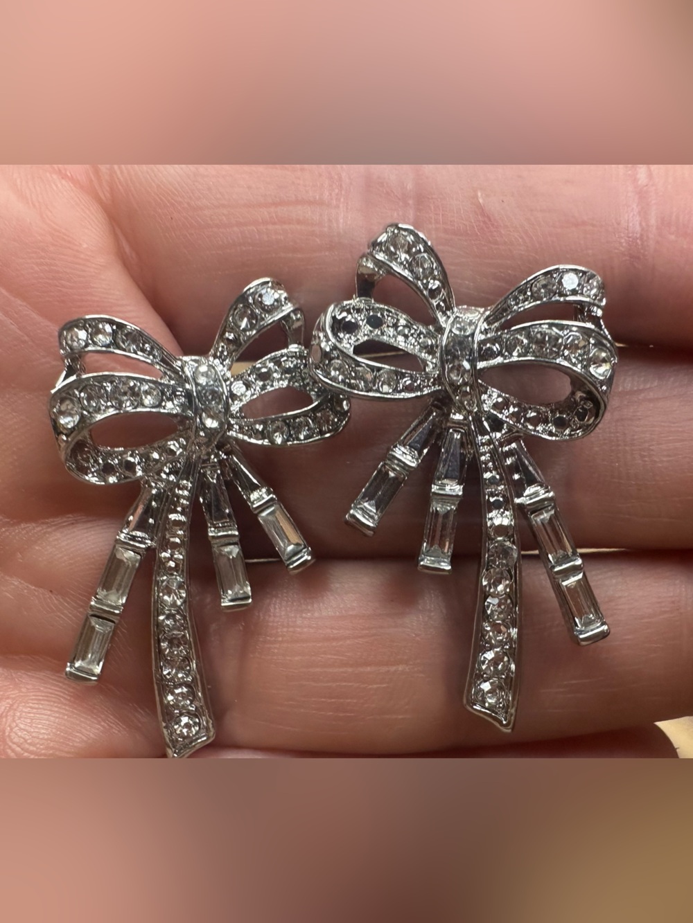 Silver Bow Hair Clip Pair with Crystal Accents - Women Accessories